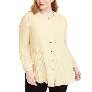 Alfani Womens Yellow Pleated Button Down Long Sleeve Banded Collar Top Plus 0X